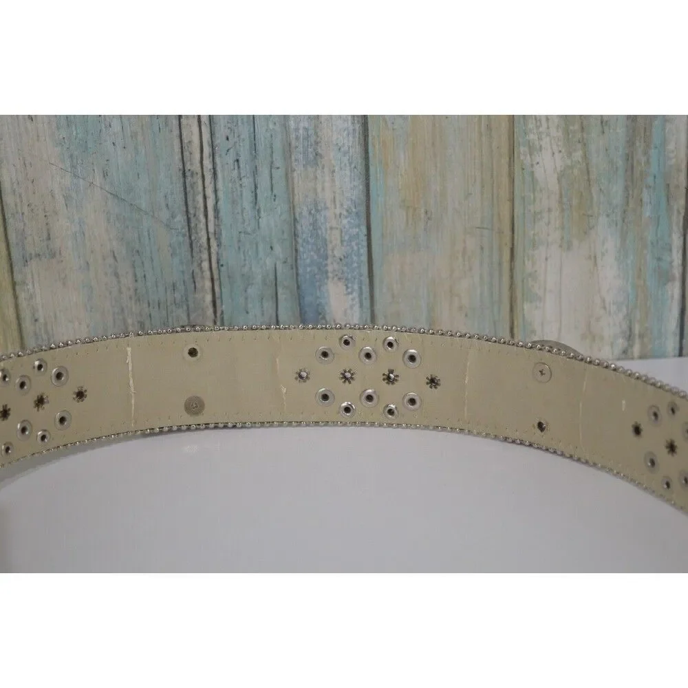 BHW Rhinestone Western Belt Brown Cow Hair Size M 32 Conch Jewel Gemstone Buckle